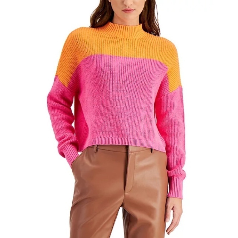 Bar III Cotton Colorblocked Mock-Neck Pink Orange Sweater, Size Small